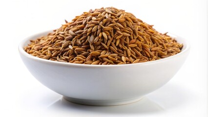 Isolated white bowl overflowing with brownish-yellow dried cumin seeds against a pristine white backdrop, evoking warmth and aromatic flavors.