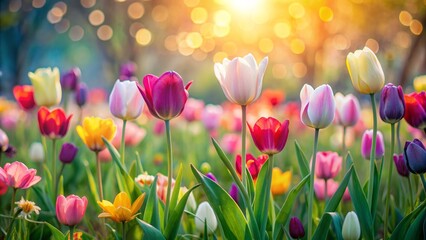 Vibrant colorful tulips sway gently in a serene meadow, bathed in soft pastel light with creamy bokeh, on an Easter morning.
