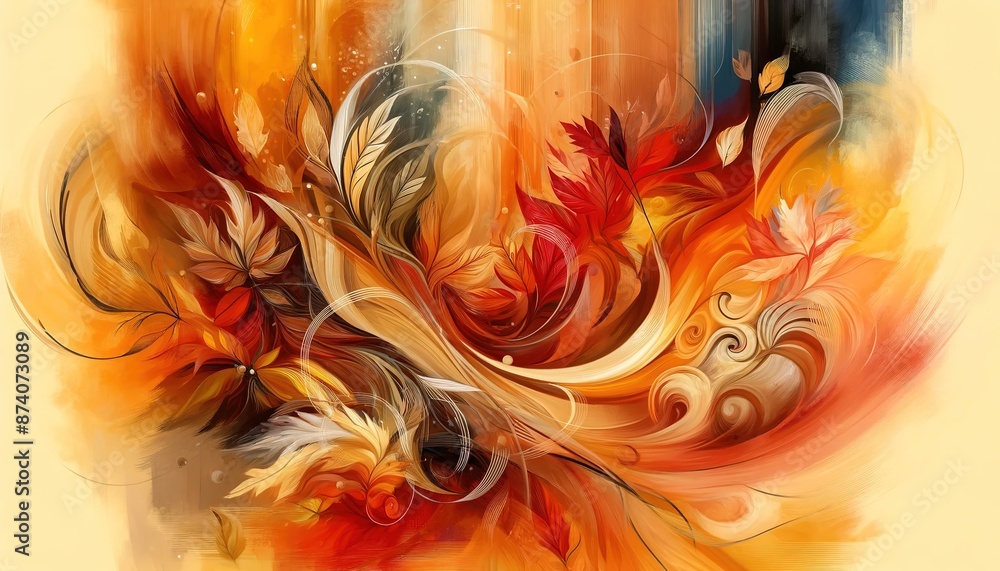 Poster abstract autumn background 1 with autumn leaves and different lines in warm tones