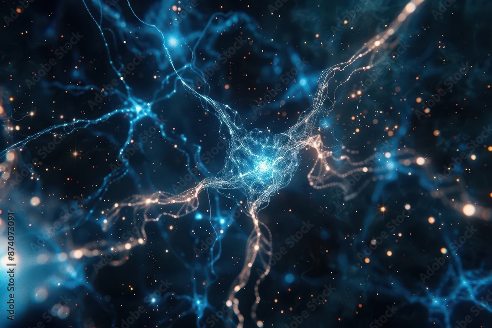Poster abstract neural network visualization with glowing synapses pulsing with electric blue energy agains