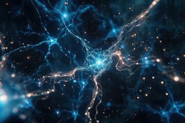 abstract neural network visualization with glowing synapses pulsing with electric blue energy against a dark cosmic background