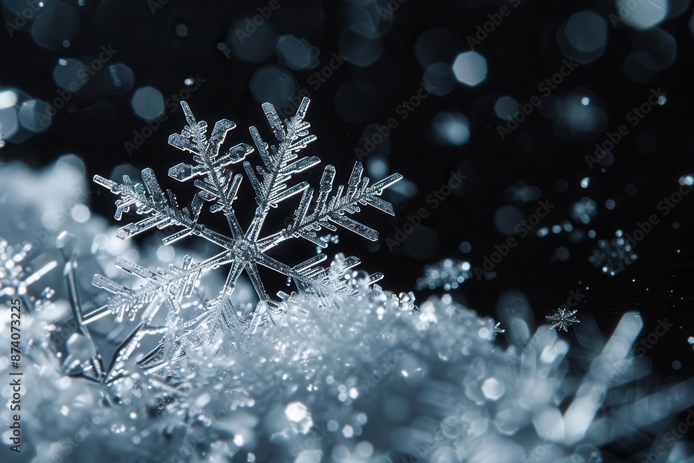 Poster abstract winter texture macro view of snowflakes on black background intricate crystalline structure