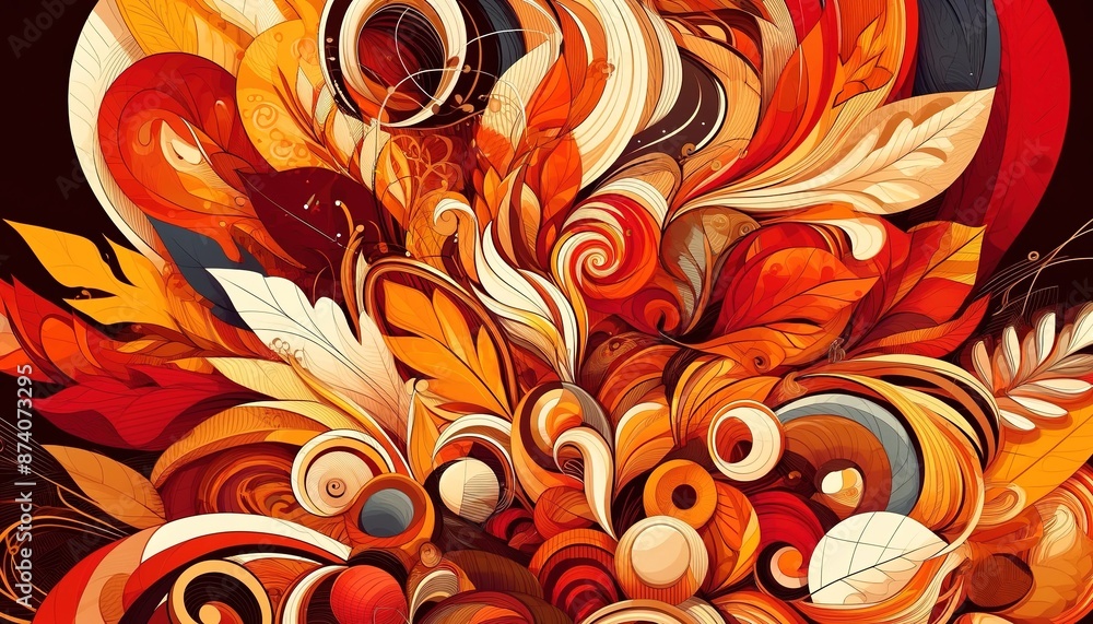 Poster abstract autumn background 4 with autumn leaves and decorative curls on a dark background