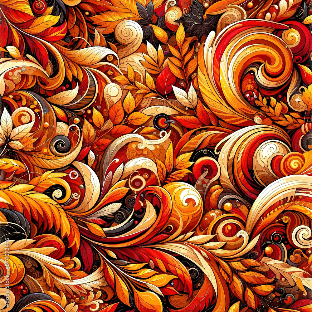 Poster abstract autumn background 6 with autumn leaves and decorative curls in a square