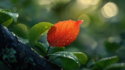 Vibrant Red Leaf Among Lush Green Foliage - Full-Frame Nature Photography with Striking Colors and Detail