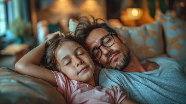 A tender moment as a father and daughter nap together on the couch.