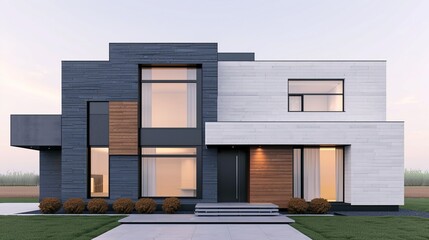 Design a sleek architectural visualization that exemplifies modern elegance and architectural refinement, emphasizing clean lines and minimalist aesthetics. Illustration, Image, , Minimalism,