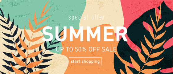 Creative Summer Design Set Liquid Abstract Patterns and Leaf Graphics. Modern Background for Advertising, Web, Social Media, Posters, Banners, and Covers. Sale Offer 50%.