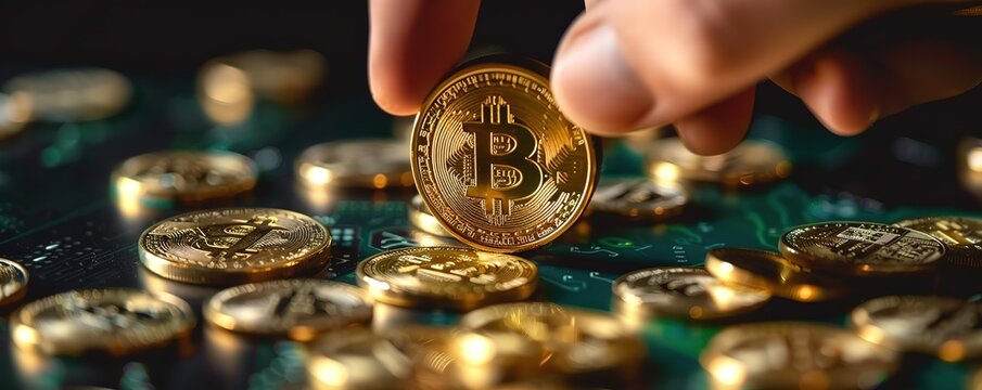 A number of coins with a gold bitcoin symbol are held in someone's hand on a black table
