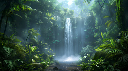 A serene waterfall in a lush jungle, surrounded by vibrant greenery and mist