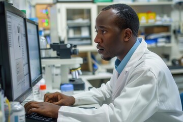 Fototapeta premium african american scientist in lab coat working at computer in modern research laboratory focused expression surrounded by scientific equipment