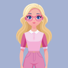 Blonde girl with pink glasses and cute clothes. Cartoon doll style, vector art