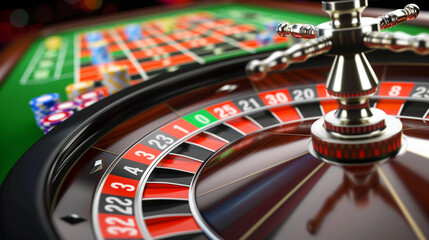 Obraz premium Roulette table with chips scattered, dealer spinning the wheel