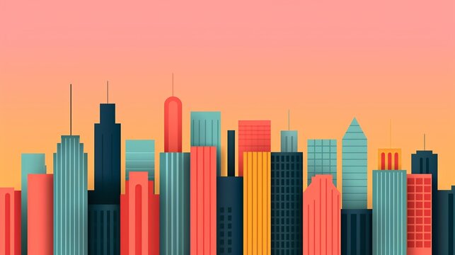 Design a sophisticated cityscape with precise geometric elements and a harmonious color palette, conveying a sense of urban sophistication and modern style. Illustration, Image, , Minimalism,
