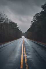 A highway stretching into the distance, flanked by trees under an overcast sky