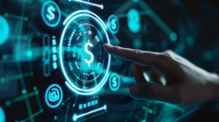 Online banking and digital money concept illustrated by a man's finger interacting with a virtual touch screen interface showing a central bank layout