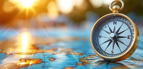 A gold and white compass on a blue and yellow map