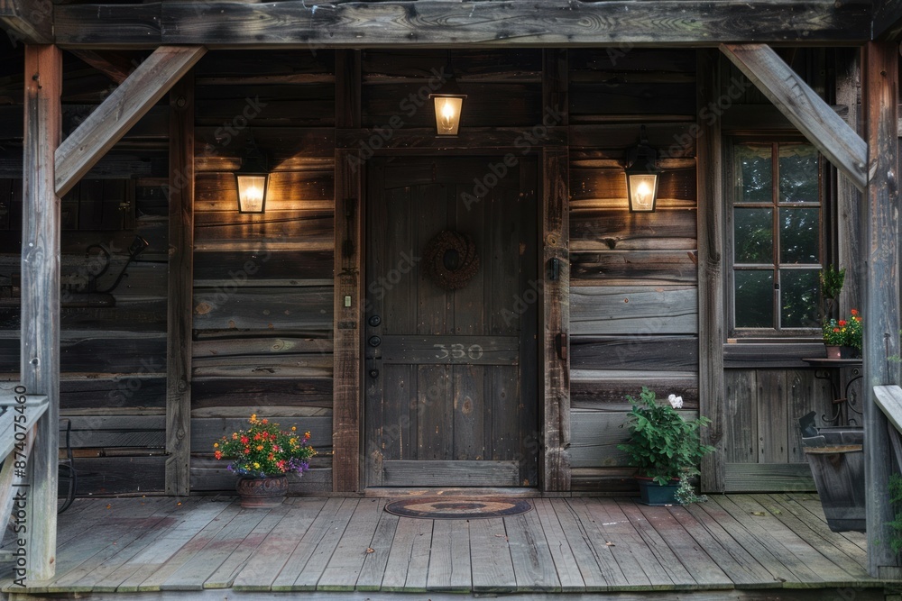 Sticker cozy cabin porch lit by warm lights at dusk, inviting and picturesque