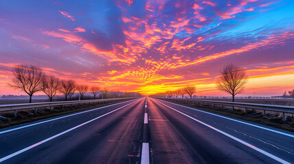 Obraz premium A serene highway stretches into the horizon under a sunset sky in the countryside.