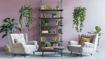 Cozy apartment design with plush armchairs, a vertical bookshelf, a rustic coffee table, and hanging plants, against a soft lilac background. 