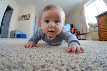 Little baby learning how to crawl at home, seen on the screen of baby monitor