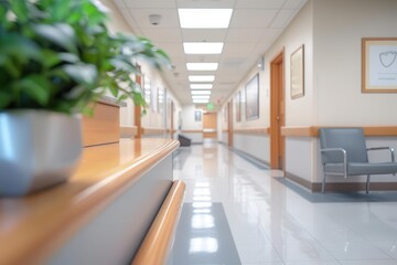 blurred hospital corridor with soft focus on modern reception area muted colors and gentle lighting create a calm professional atmosphere in the medical facility