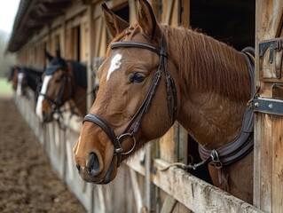 Serene Moments: Horses Being Groomed and Saddled with Care in a Rustic Stable