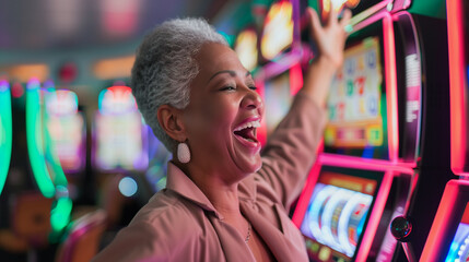 Obraz premium senior African woman celebrating a jackpot win at a slot machine