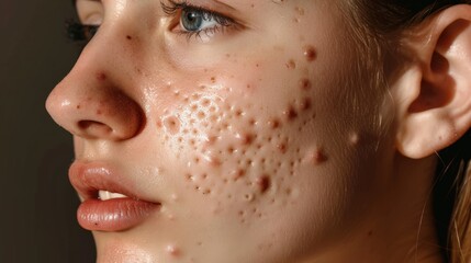 Fototapeta premium Close-up Portrait of a Young Woman's Face Featuring Acne Scars, Imperfections, and Skin Texture, Emphasizing Natural Beauty and Real Skin