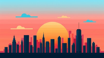 Design a sophisticated cityscape with precise geometric elements and a harmonious color palette, conveying a sense of urban sophistication and modern style. Illustration, Image, , Minimalism,