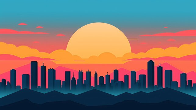 Design a sophisticated cityscape with precise geometric elements and a harmonious color palette, conveying a sense of urban sophistication and modern style. Illustration, Image, , Minimalism,