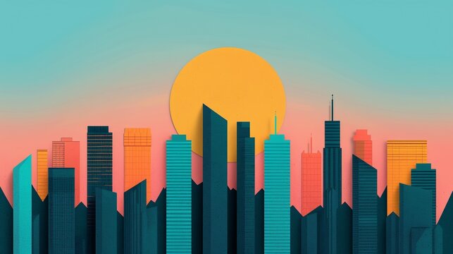 Design a sophisticated cityscape with precise geometric elements and a harmonious color palette, conveying a sense of urban sophistication and modern style. Illustration, Image, , Minimalism,