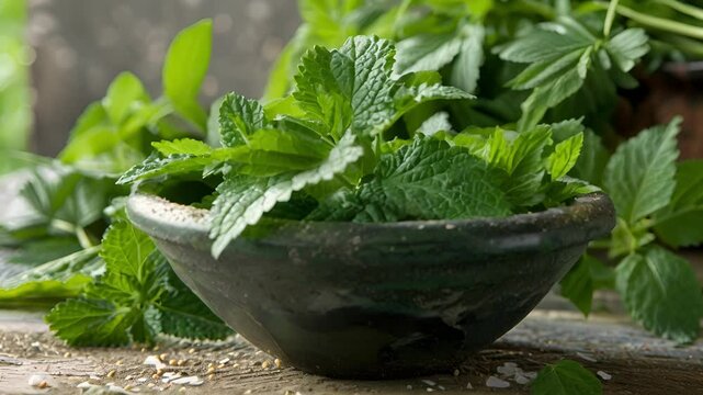 A bowl filled with freshly picked wild garlic nettle and mint leaves ready to be made into pesto.