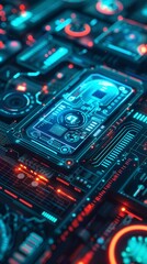 Fototapeta premium High-tech circuit board with neon blue and red elements, showcasing futuristic technology and intricate digital designs, ideal for sci-fi themes.