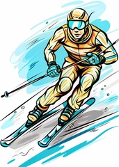 Alpine Adventure: A Dynamic Depiction of Downhill Skiing, ideal for use in winter sports publications, ski resort advertisements, educational materials about skiing techniques, or promotional content 