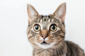 Obraz premium closeup of wideeyed tabby cat with comically shocked expression fur standing on end against a crisp white background for maximum impact