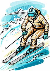 Alpine Adventure: A Dynamic Depiction of Downhill Skiing, ideal for use in winter sports publications, ski resort advertisements, educational materials about skiing techniques, or promotional content 