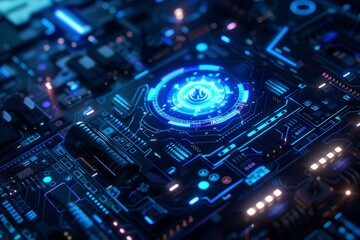 Futuristic control room with neon blue lighting, holographic screens, and digital interfaces, perfect for sci-fi projects.