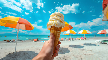 hand holding vanilla ice cream cone against bright blue sky with white clouds, colorful beach umbrellas, and turquoise sea. The sandy beach with sunbeds and umbrellas, creating  vibrant summer scene