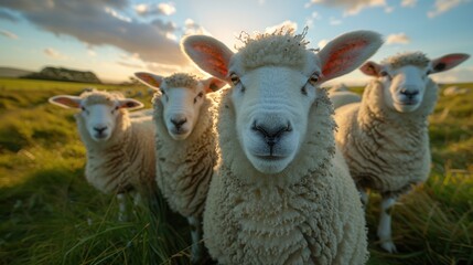 Fototapeta premium Serene Pastoral Scene of Meat Sheep Farm with Lambs Grazing on Hillside under Bright Sky