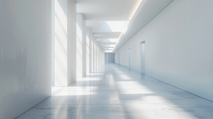 Abstract modern architecture background, empty white open space interior. 3D rendering.a long white corridor with falling light from the windows