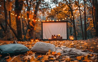 A cozy outdoor movie night setup in the autumn forest with a projector screen, blankets, and string lights.