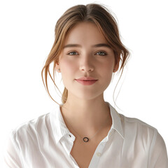 Young Woman with Brown Hair in White Shirt, isolated on transparent background.