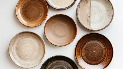Flat Lay of Six Ceramic Plates in Earthy Tones on a White Background