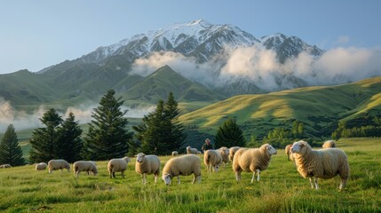 Idyllic Sheep Farm Scene with Flock Grazing in Green Meadow and Shepherd Watching Over - Full-Frame...