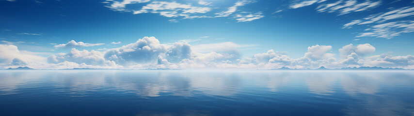 Obraz premium Blue sky over calm sea. Blue sea and sunny sky on horizon over calm water