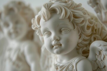 delicate cherub statues in pure white marble intricate details and soft curves arranged artfully against stark white background classical elegance