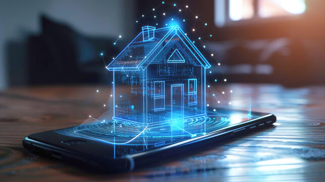 A mobile phone is on the table, above it is a neon projection of a house. Smart home system controlled via the Internet.