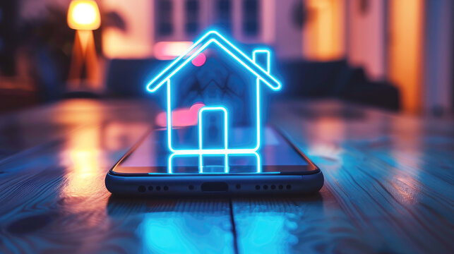 A mobile phone is on the table, above it is a neon projection of a house. Smart home system controlled via the Internet. Selective focus.
