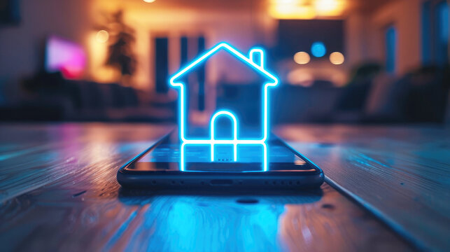 A mobile phone is on the table, above it is a neon projection of a house. Smart home system controlled via the Internet.